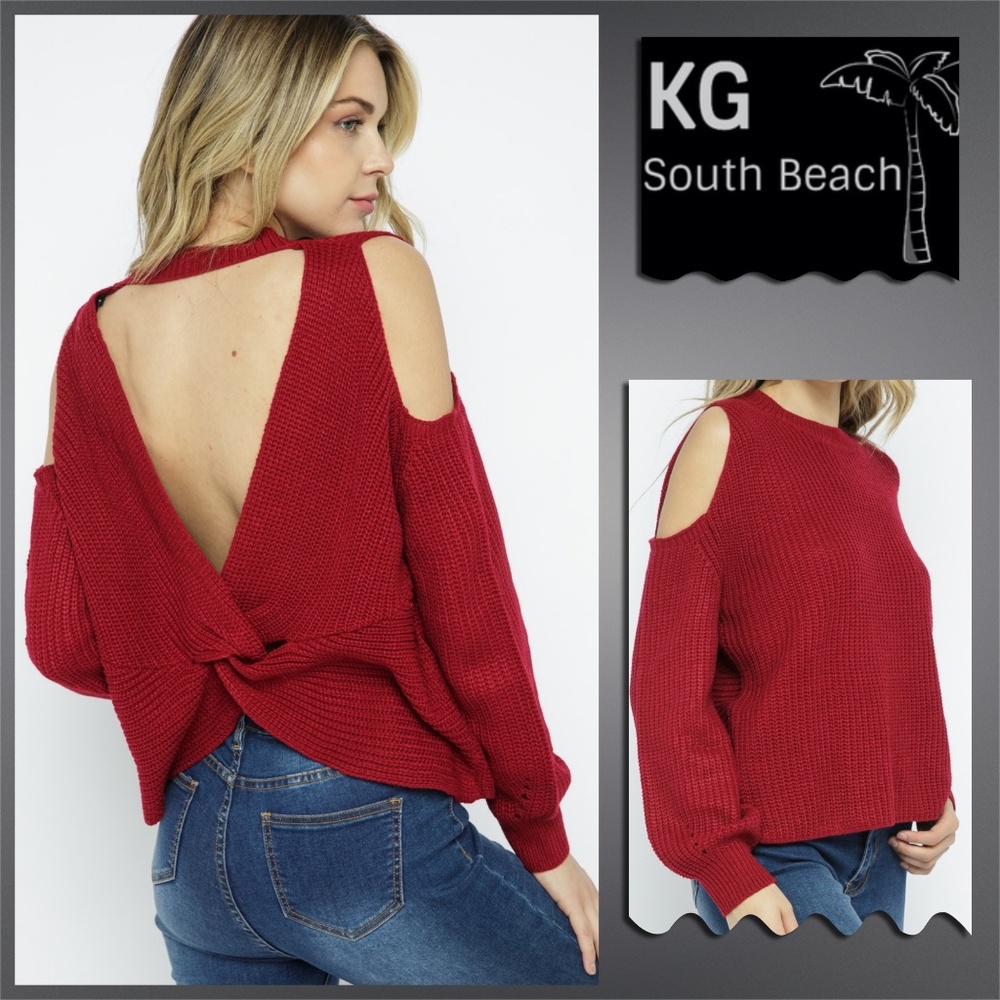 Cold Shoulder Open V-Back Sweater Twist Knot, Nape Strap Bubble Sleeves